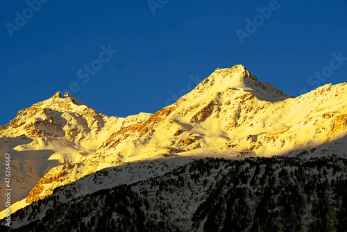Mountain peaks around the town of Bormio in Northern Italy, in the region Lombardia, in the heart of the Italian Alps.
