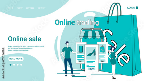 Online sale.People order and make purchases using the app on their mobile phone.An illustration in the style of a green landing page.