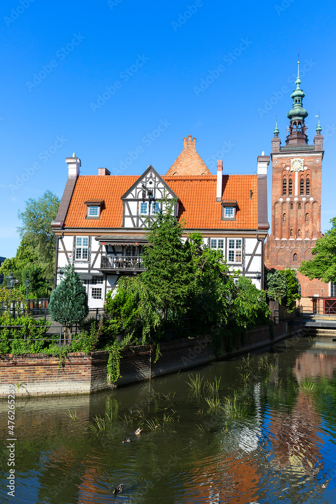 View of Radunia channel from Bridge of love on sunny day, Gdansk, Poland