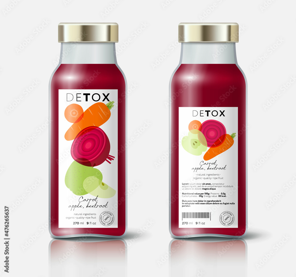 Vegetable and fruit detox. Beetroot, carrot, apple mix. Beautiful transparency whole and cut fruits. Bottle template with face and back labels. Vegetable and fruit detox. Beetroot, carrot, apple mix. Beautiful transparency whole and cut fruits. Bottle template with face and back labels.