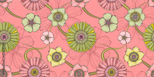 Floral pink seamless pattern with gerberas and magnolias