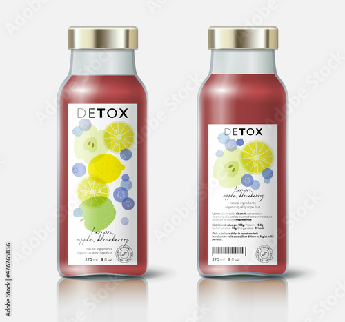 Fruit and berries mix. Apple, blueberry, lemon mix. Beautiful transparency whole and cut fruits.  Bottle template with face and back labels.