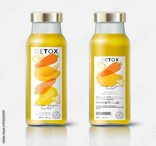 Fruit, vegetables and ginger detox. Mango, carrot, ginger mix. Beautiful transparency whole and cut fruits. Bottle template with face and back labels.