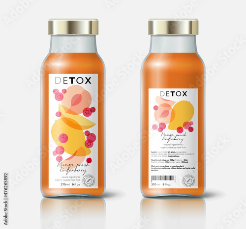 Fruit and berries detox. Mango, cranberry or lingonberry, peach mix. Beautiful transparency whole and cut fruits.  Bottle template with face and back labels.