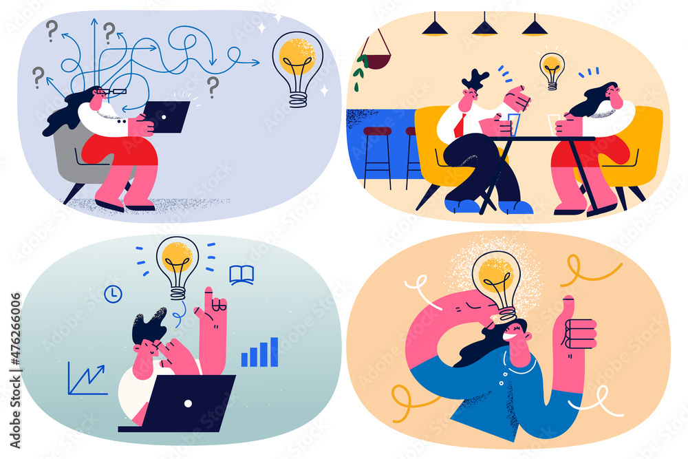 Set of company employee busy thinking developing business idea Set of company employee busy thinking developing business idea