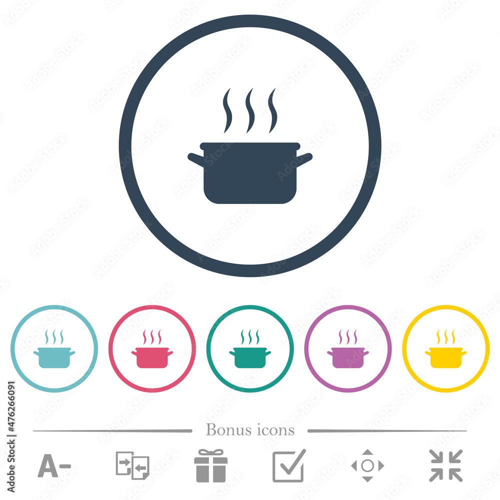 Steaming pot flat color icons in round outlines