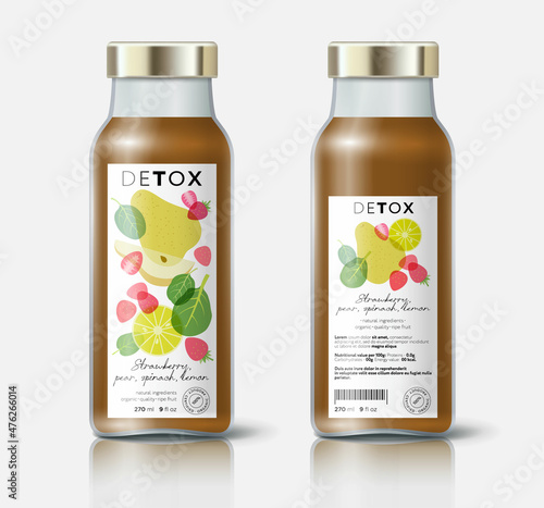 Herb, fruit and berries detox mix. Pear, strawberry, lemon, spinach mix. Beautiful transparency whole and cut fruits.  Bottle template with face and back labels.