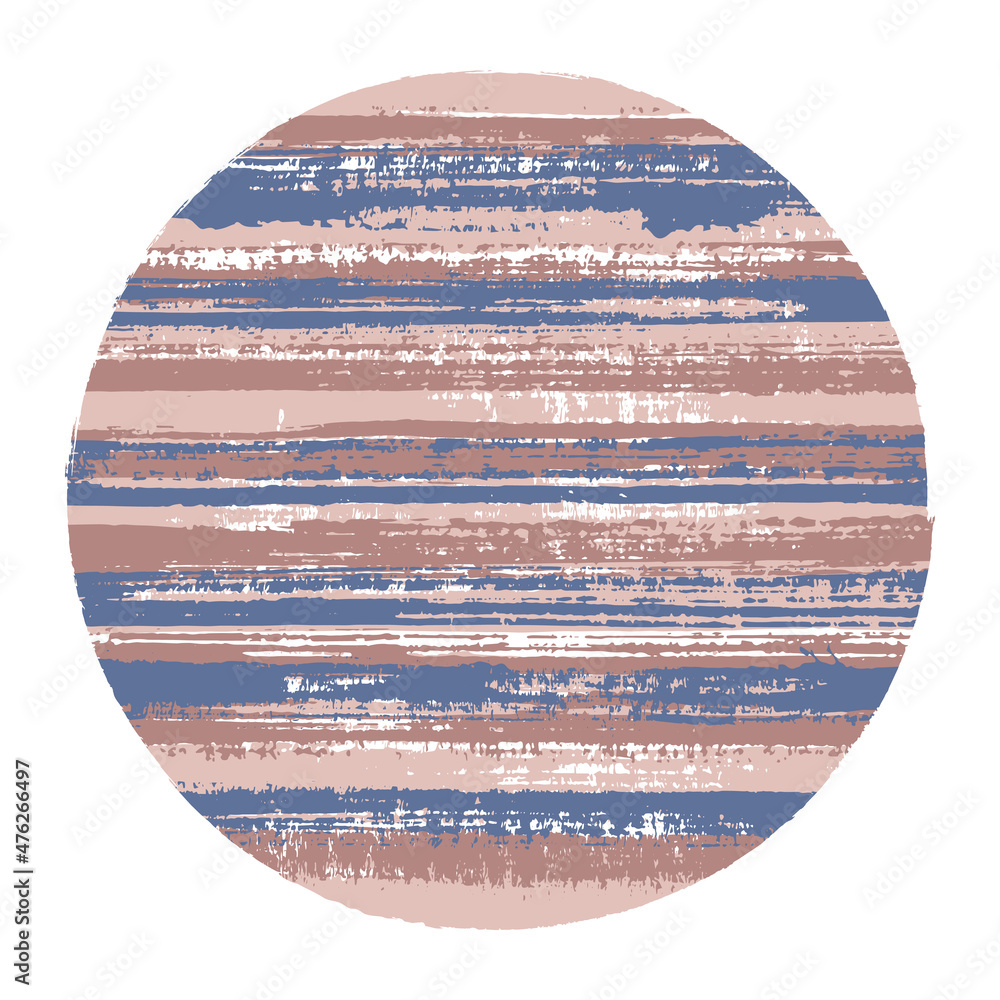 Circle vector geometric shape with striped texture of paint horizontal lines. Planet concept with old paint texture. Label round shape circle logo element with grunge background of stripes.