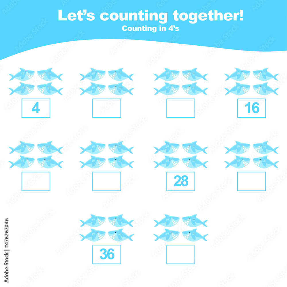 Counting the sea animals for Preschool Children. Math worksheet with sea animals’ theme. Educational printable math worksheet. Vector illustration.