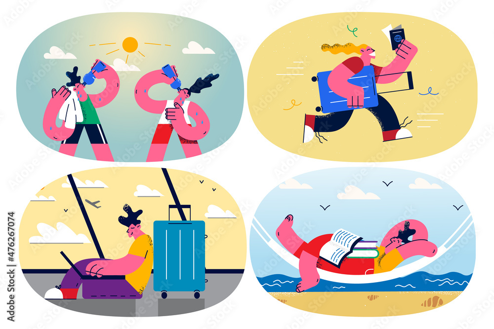 Set of people relax enjoy summer vacation or travel Set of people relax enjoy summer vacation or travel