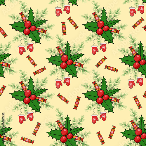 pattern of green leaves with red berries and mittens and candy and a fir branch on a yellow background