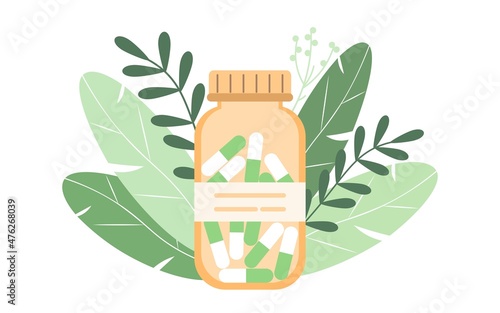 Homeopathic pills. Alternative medicine. Homeopathic treatment and phytotherapy concept. Herbal pills. Herbal capsules in a bottle against a background of leaves. Flat vector illustration.