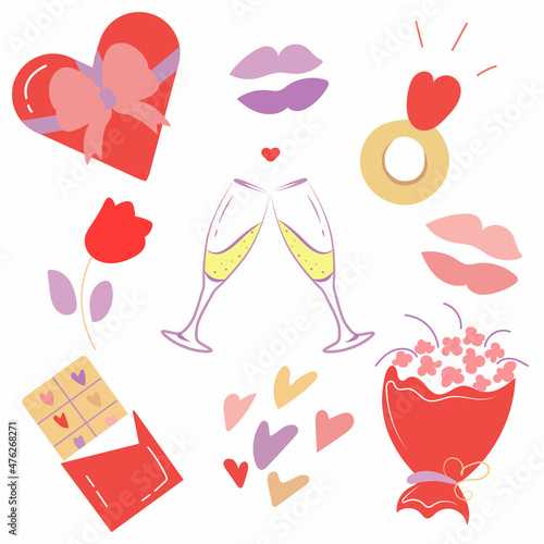 Set of vector illustrations of cute valentine's day paraphernalia. A gift with a bow, a ring, a bouquet of flowers kisses, glasses and chocolate. Funny set of stickers, icons, emblems, design elements