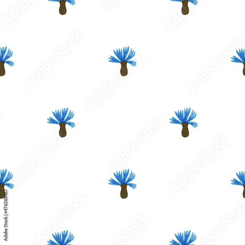Cornflowers pattern seamless in freehand style. Spring flowers on colorful background. Vector illustration for textile.