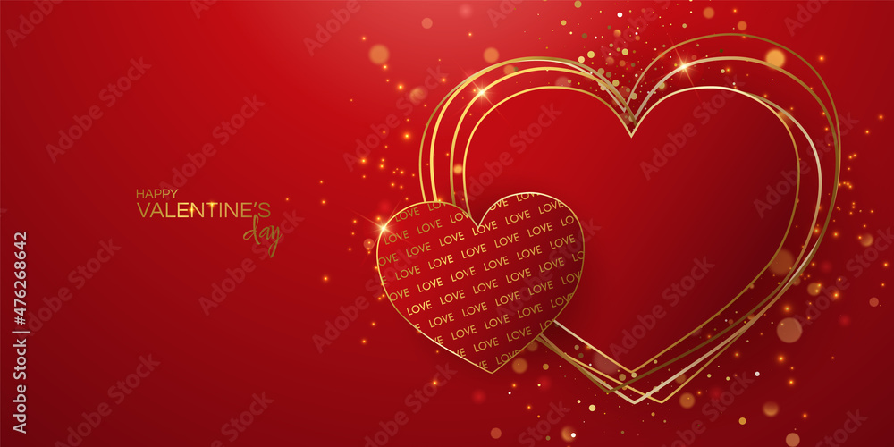Valentines day sale vector banner. Sale discount for valentines day shopping promotion with red , gold hearts elements on red background. Vector illustration. 3D realistiс design with podium and gift