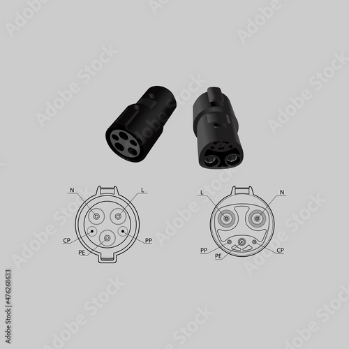 EVSE connector configurations. Supercharger Adapter, Electric car supercharging plug line icon. vector illustration.