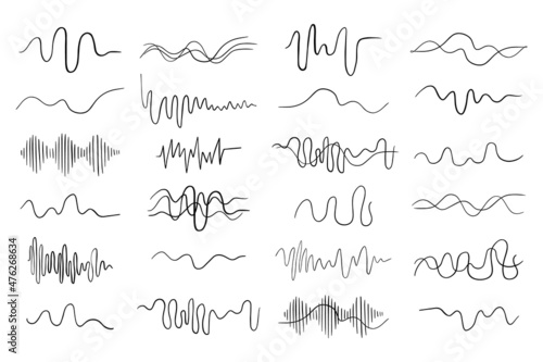 Set sound waves isolated on white background. Several kinds forms music audio frequency, soundtrack.