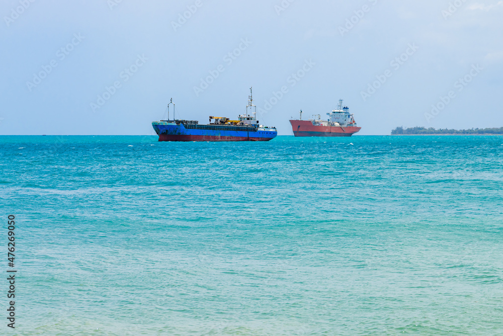 Cargo ships waiting near port of the Stone town. Zanzibar, Tanzania