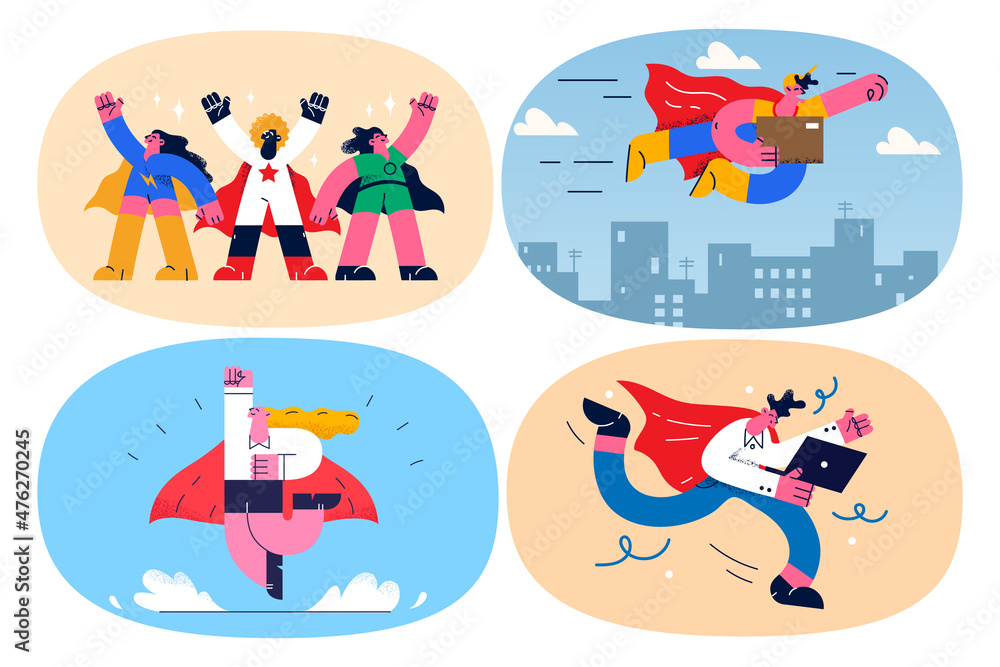 Fototapeta premium Set of deliverymen as superheroes deliver parcels to clients