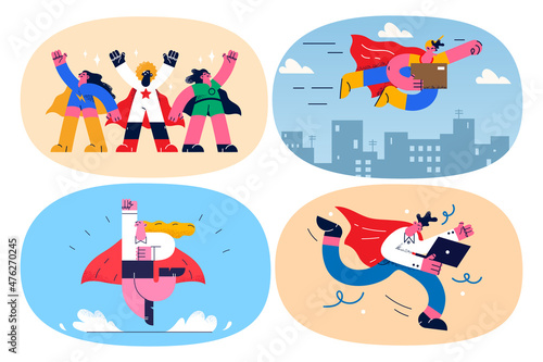 Set of deliverymen as superheroes deliver parcels to clients