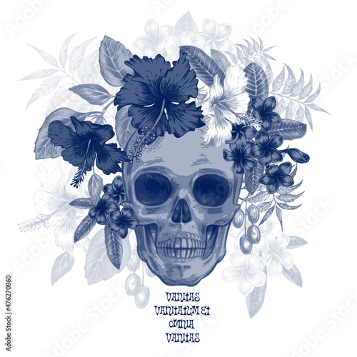 Skull and exotic tropical flowers.