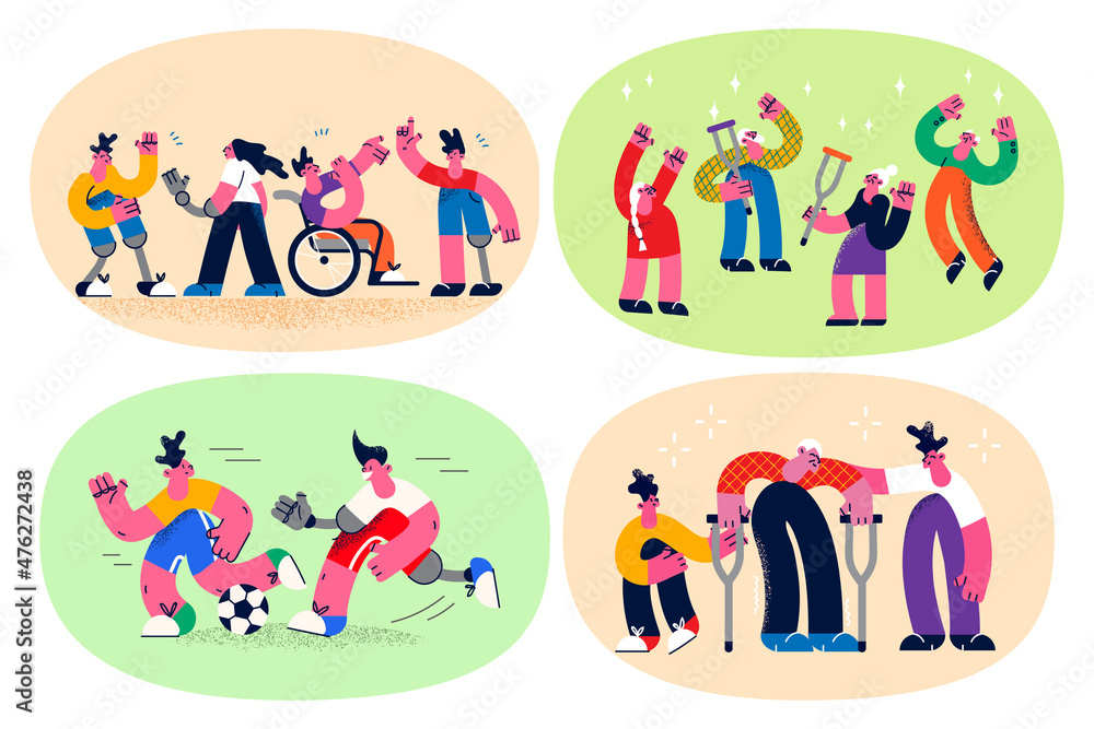 Fototapeta premium Set of people with disabilities living good life