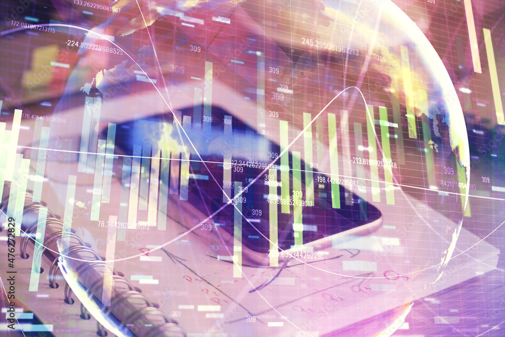 Fototapeta premium Double exposure of financial theme drawing and cell phone background. Concept of business