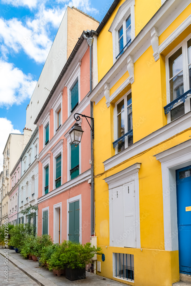 Paris, colorful houses rue Cremieux, typical street in the 12e arrondissement
