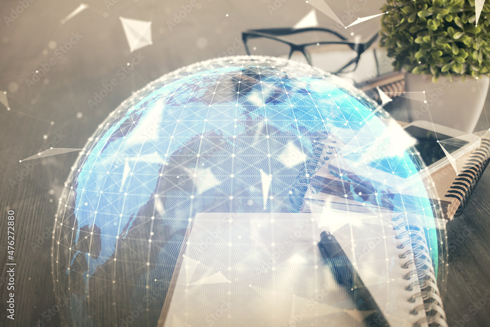 Double exposure of financial theme drawing and cell phone background. Concept of business Double exposure of financial theme drawing and cell phone background. Concept of business
