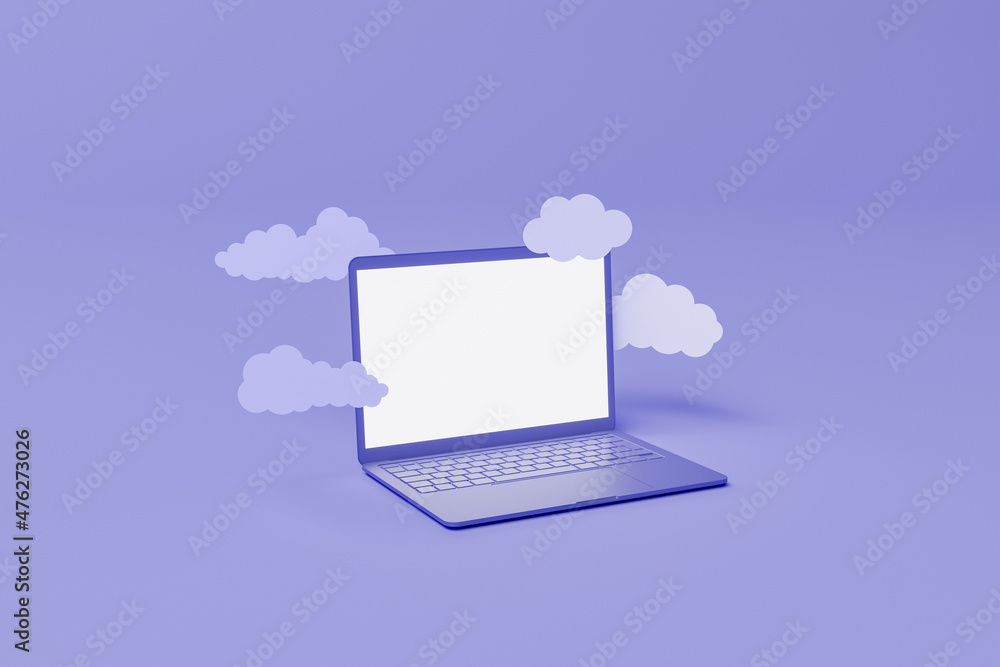 minimal laptop with flat clouds floating around minimal laptop with flat clouds floating around