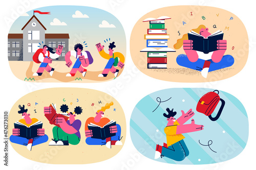 Set of children study in school reading books 