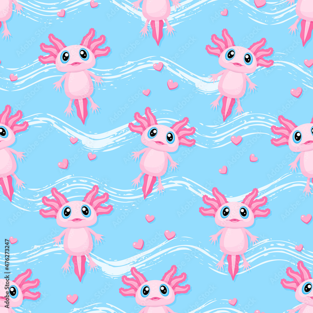 Cute pink axolotl wavy pattern