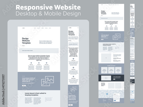 Website design. Responsive desktop and mobile wireframe. Landing page template.