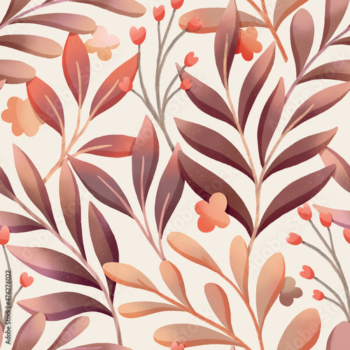 Seamless colorful floral pattern. Botanical illustration with leaves and flowers. Hand-drawn digital painting background for fabric, wallpaper, invitation, etc.