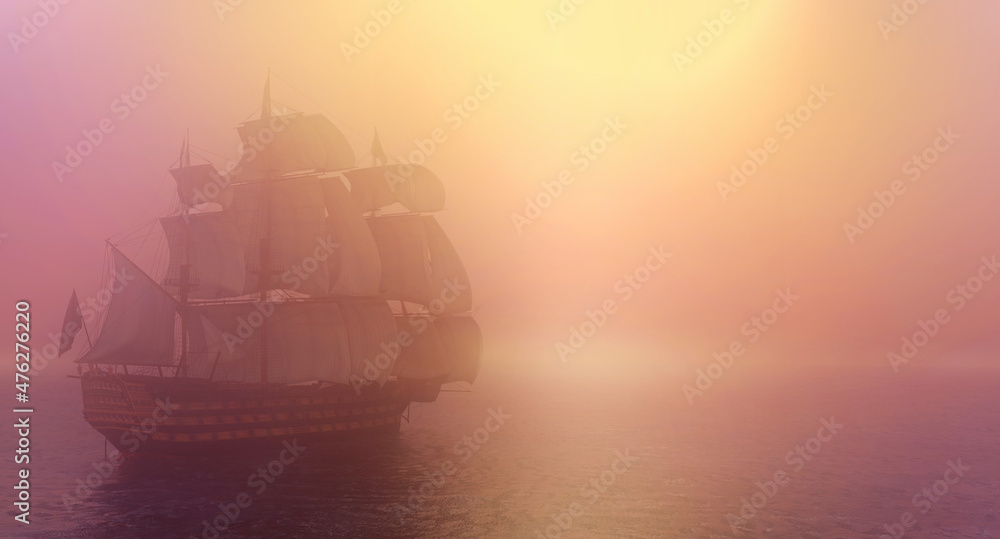 Tall Ship at Sea in Sunrise Background