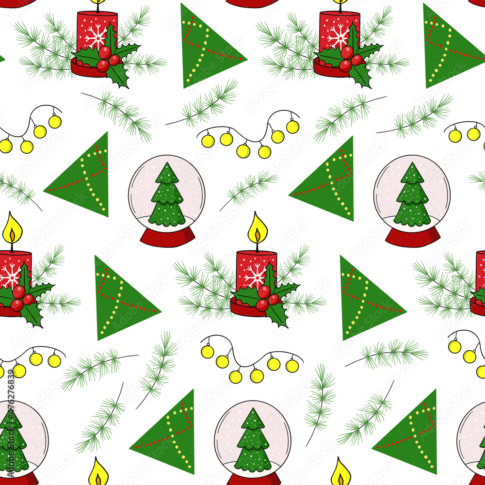 pattern red candle and yellow lanterns and green Christmas tree and snow globe pattern red candle and yellow lanterns and green Christmas tree and snow globe