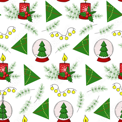 pattern red candle and yellow lanterns and green Christmas tree and snow globe