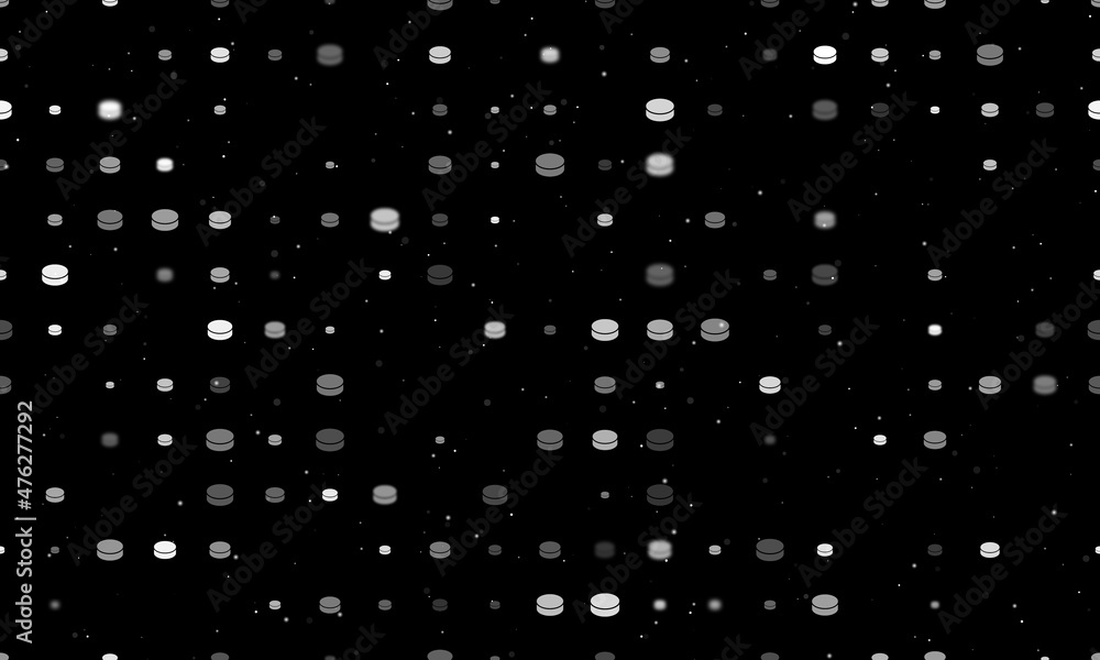 Seamless background pattern of evenly spaced white hockey pucks of different sizes and opacity. Vector illustration on black background with stars