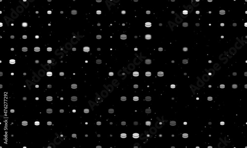 Seamless background pattern of evenly spaced white hockey pucks of different sizes and opacity. Vector illustration on black background with stars