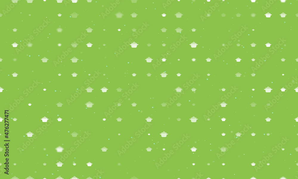 Seamless background pattern of evenly spaced white pot symbols of different sizes and opacity. Vector illustration on light green background with stars