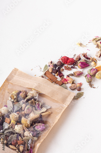 Soothing and vitamin tea in zip package close up. Storage of tea. Fruit and flower tea