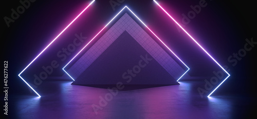 Fototapeta Naklejka Na Ścianę i Meble -  Neon Sci Fi Glowing Gradient Blue Purple Laser  Retro Futuristic Rectangle Frame Shaped Light On Concrete Tiled Wall Cement Concrete Glossy Floor Dark Tunnel Room 3D Rendering