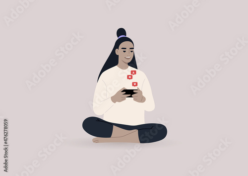 A young female Asian character using their social media, mobile phone app push notifications floating around
