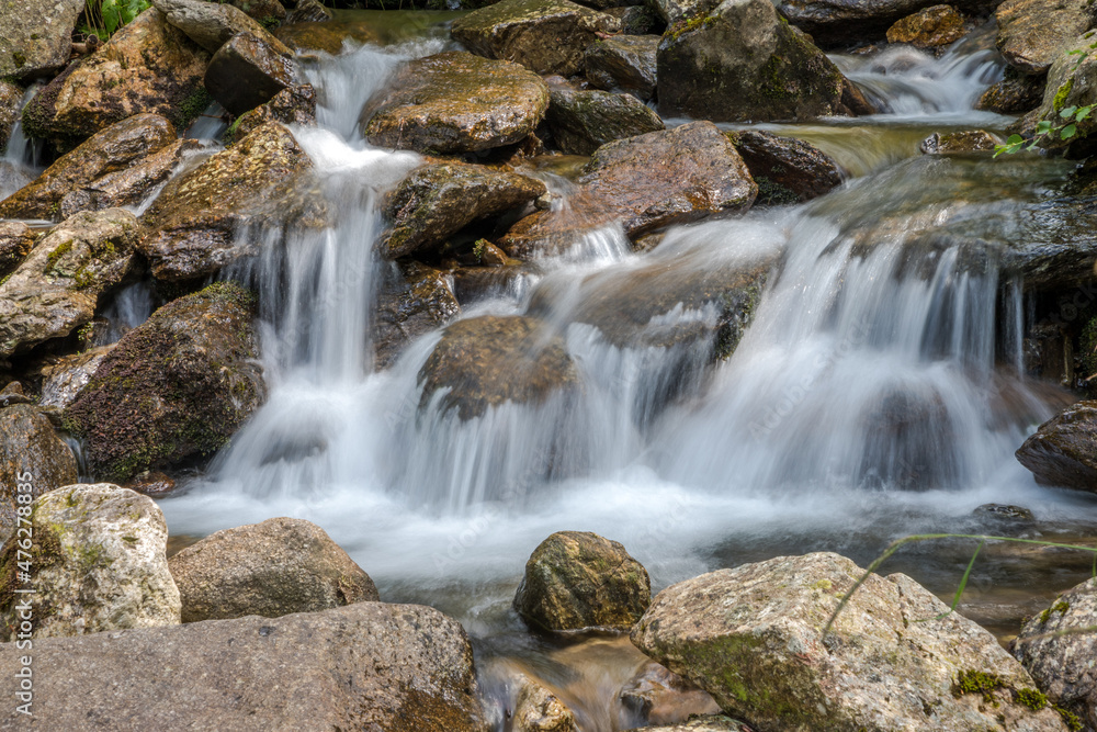 waterfall and flowing water in a mountain stream