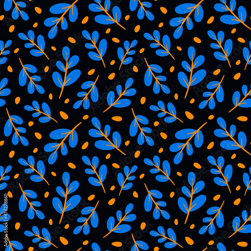 Canvastavla seamless pattern with branches with blue and orange leaves