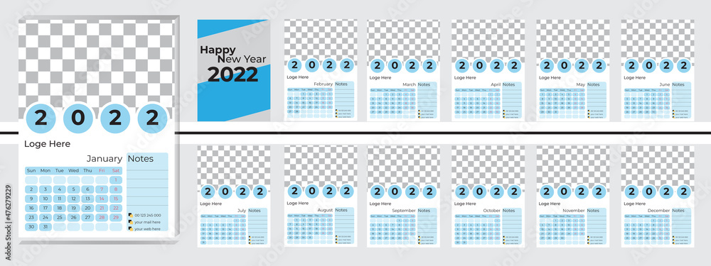 Wall Calendar Template for 2022 vector layout, Simple Monthly Calendar 2022 Years in English, 1 Cover and 12 Months Templates, Sunday Week Start, Vector illustration Vector.