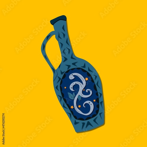 blue wine bottle stars night sky ceramic amphora yellow background