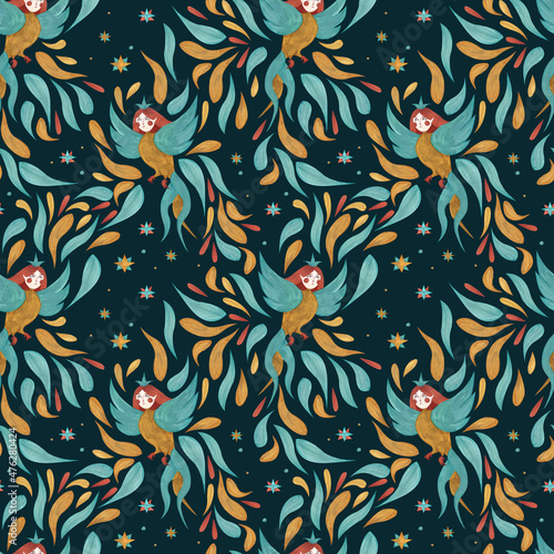 Hand-painted seamless pattern in russian north folk style.
