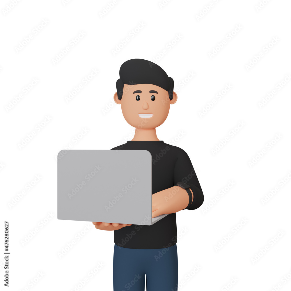 3d rendering of smiling man character with laptop 3d rendering of smiling man character with laptop