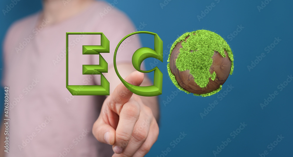 Eco word on the background of green leaves of carrots. plantation. Agriculture. harvest. Environmentally friendly, climate change Eco word on the background of green leaves of carrots. plantation. Agriculture. harvest. Environmentally friendly, climate change